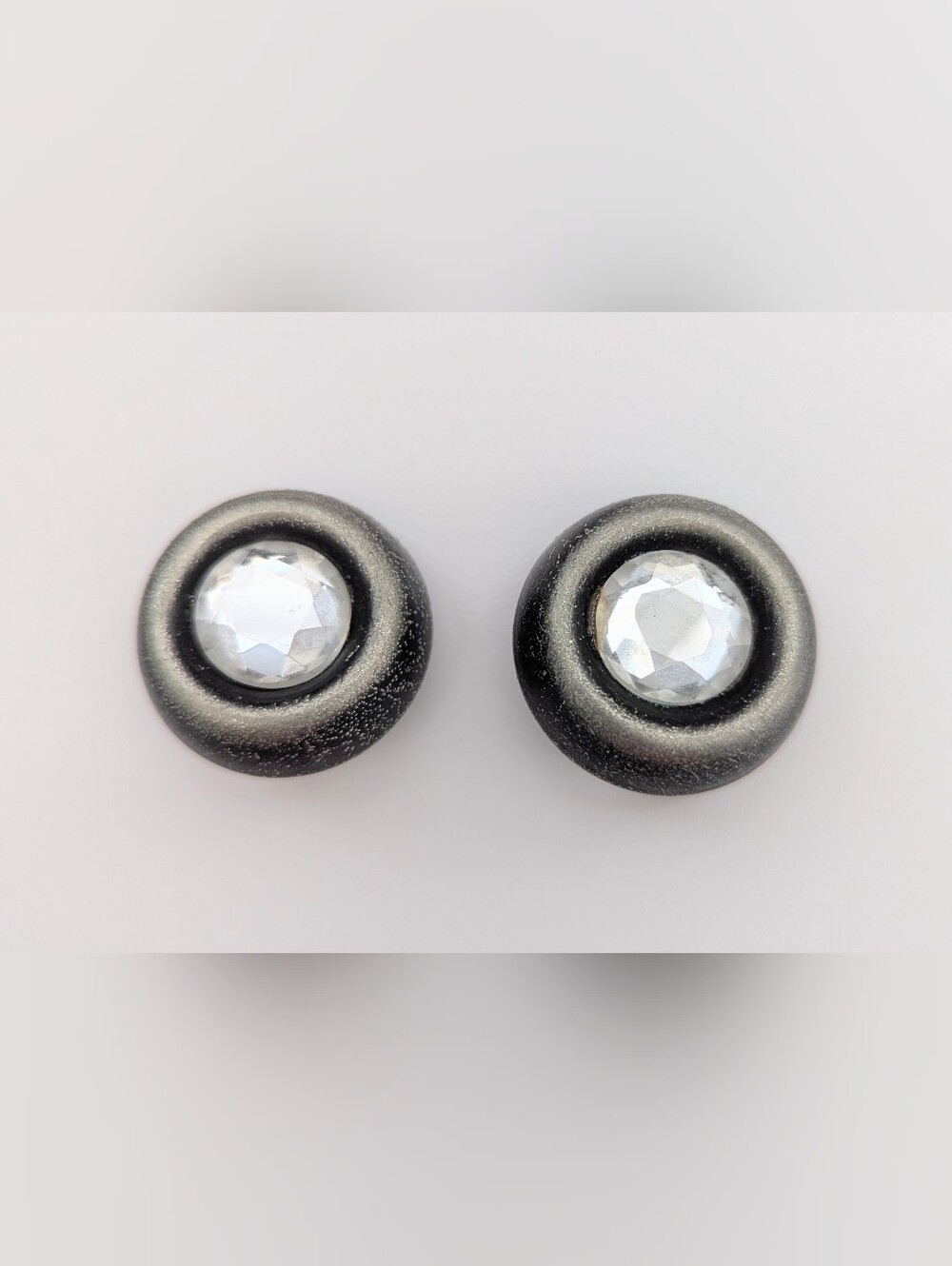 Unisex Black & Gun Metal Grey Clip-On Earrings w/Clear Reflective Crystal Center